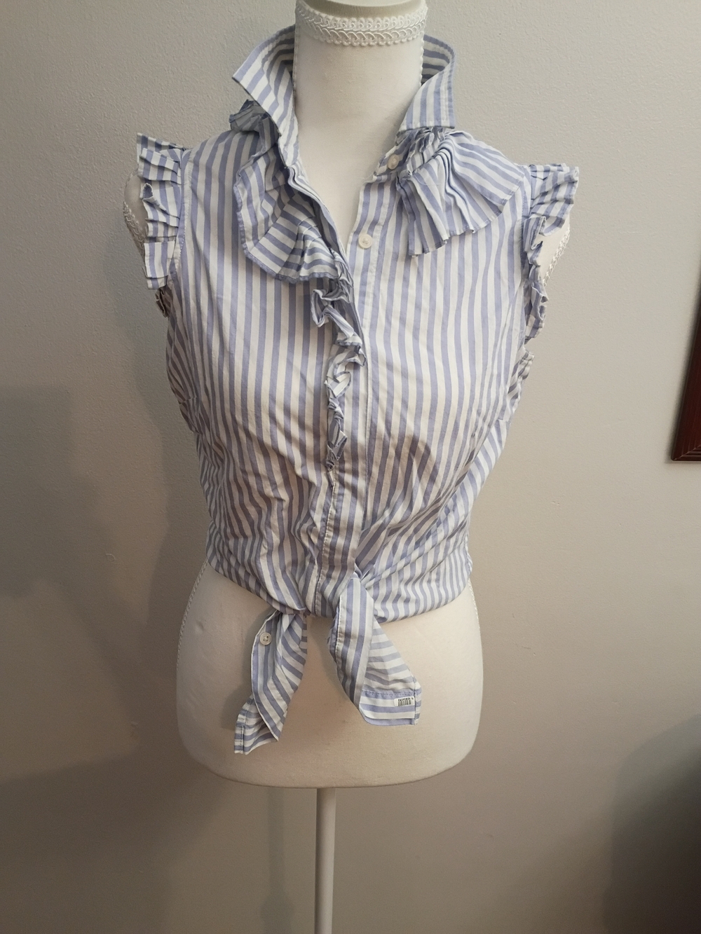 Banana Republic Blue and White Striped Tie-Front Ruffle Tank